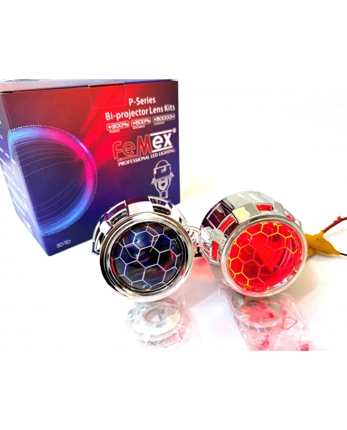 Femex Bi-Xenon Kırmızı Renk Bal Petek Desenli Far İçi Mercek 2,5 Inc Far Merceği Led Xenon Uyumlu